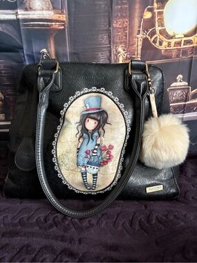 Black Printed Shoulder Bag with Pom Pom Charm